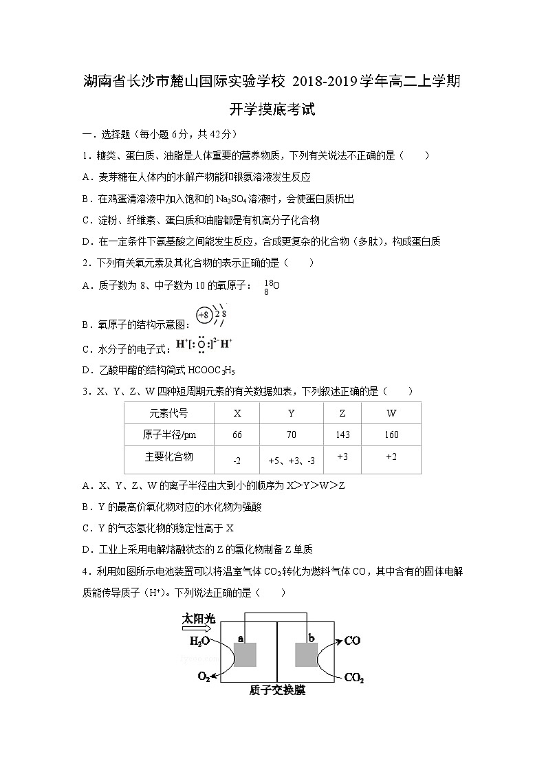 【化学】湖南省长沙市麓山国际实验学校2018-2019学年高二上学期开学摸底考试第1页