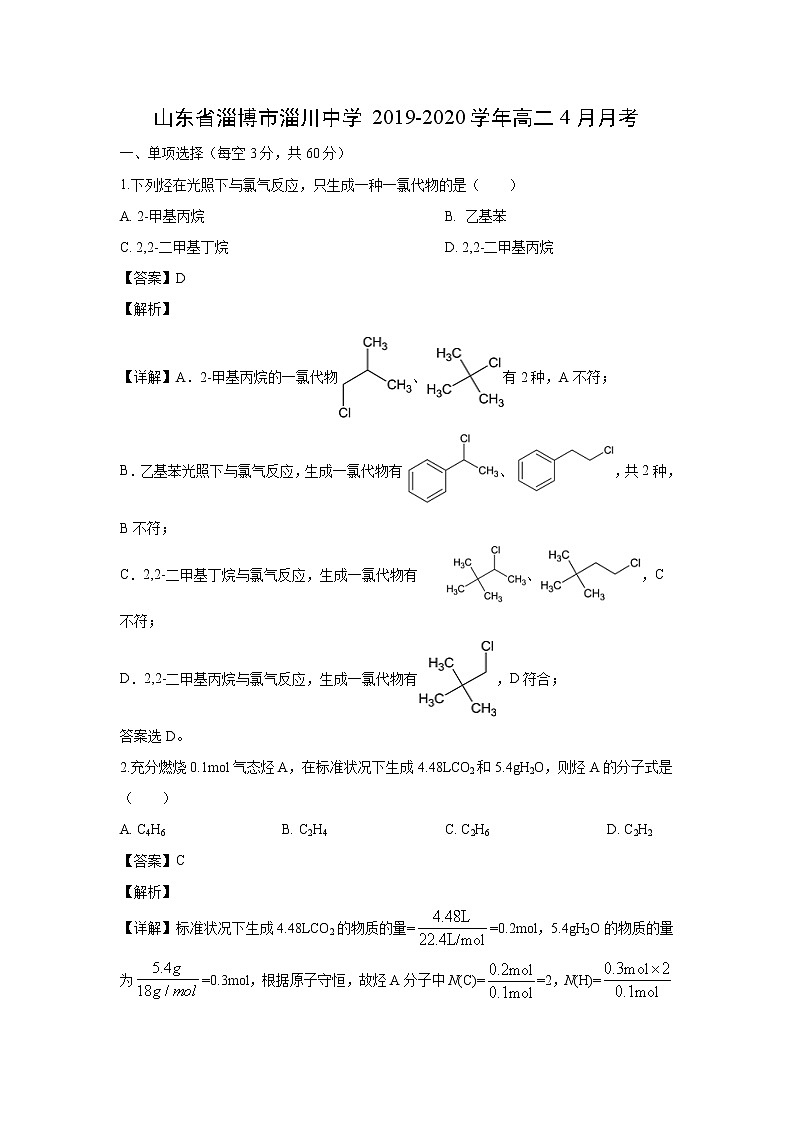 【化学】山东省淄博市淄川中学2019-2020学年高二4月月考（解析版）第1页