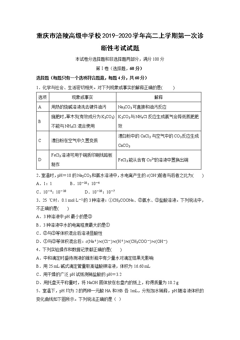 【化学】重庆市涪陵高级中学校2019-2020学年高二上学期第一次诊断性考试试题01