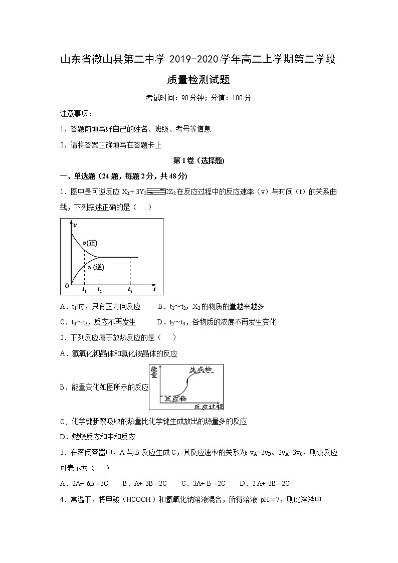 【化学】山东省微山县第二中学2019-2020学年高二上学期第二学段质量检测试题01