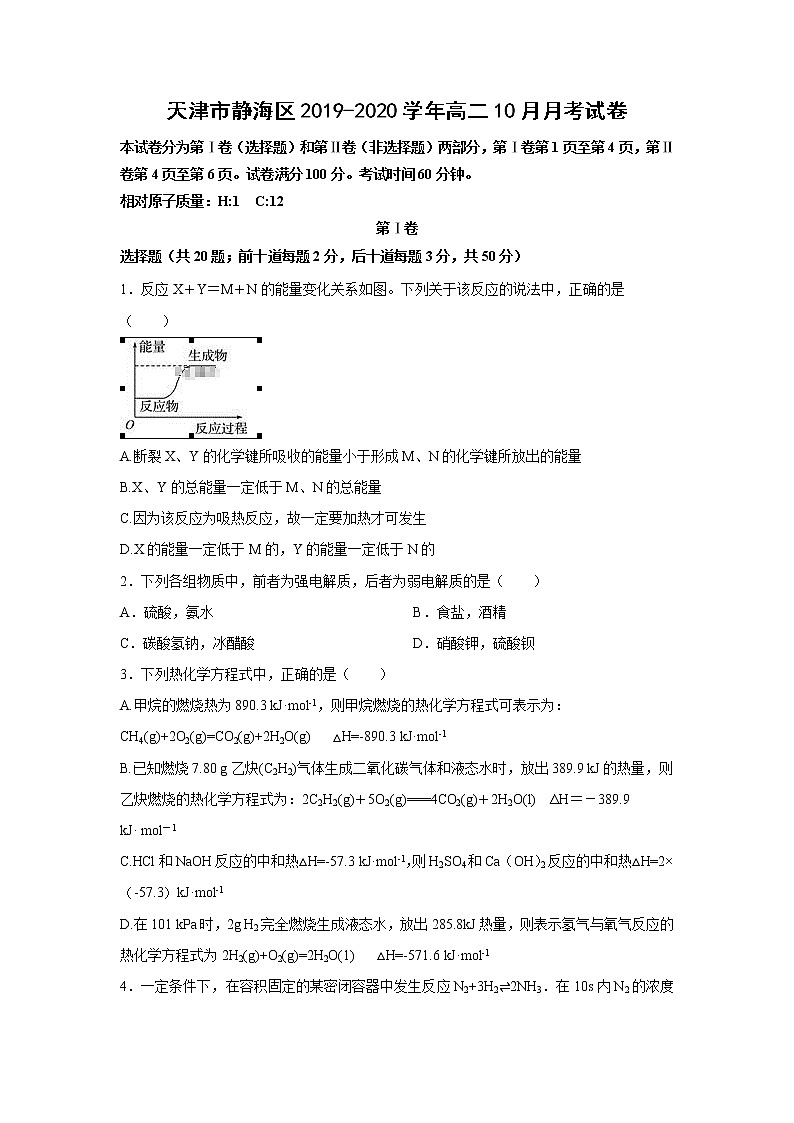 【化学】天津市静海区2019-2020学年高二10月月考试卷第1页