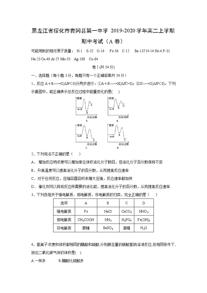 【化学】黑龙江省绥化市青冈县第一中学2019-2020学年高二上学期期中考试（A卷）01