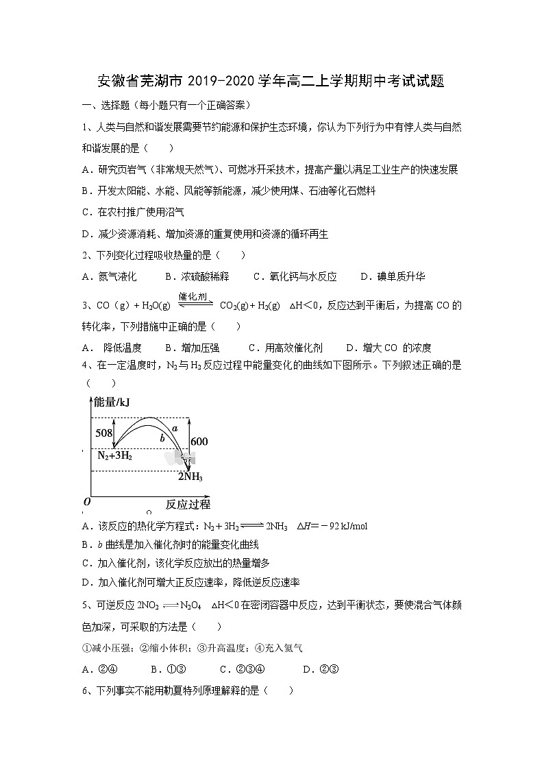 【化学】安徽省芜湖市2019-2020学年高二上学期期中考试试题01