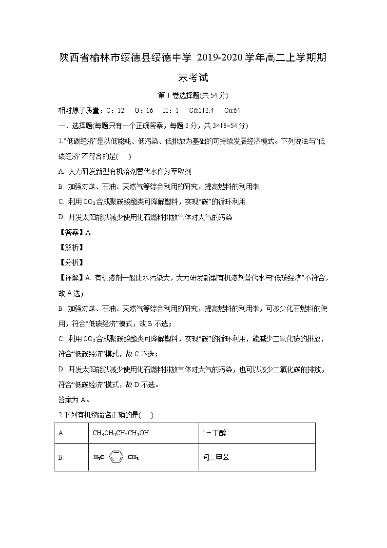 【化学】陕西省榆林市绥德县绥德中学2019-2020学年高二上学期期末考试（解析版）01