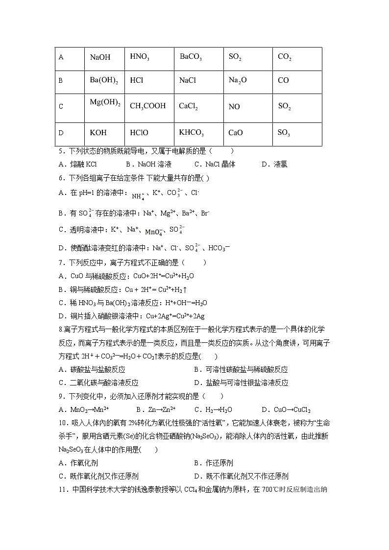【化学】湖南省长沙市周南中学2020-2021学年高一上学期第一次月考试卷02
