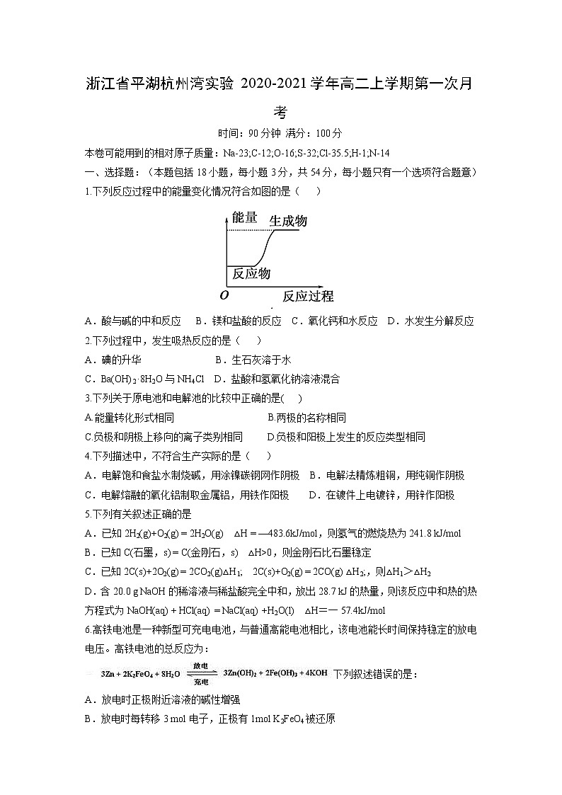 【化学】浙江省平湖杭州湾实验2020-2021学年高二上学期第一次月考第1页
