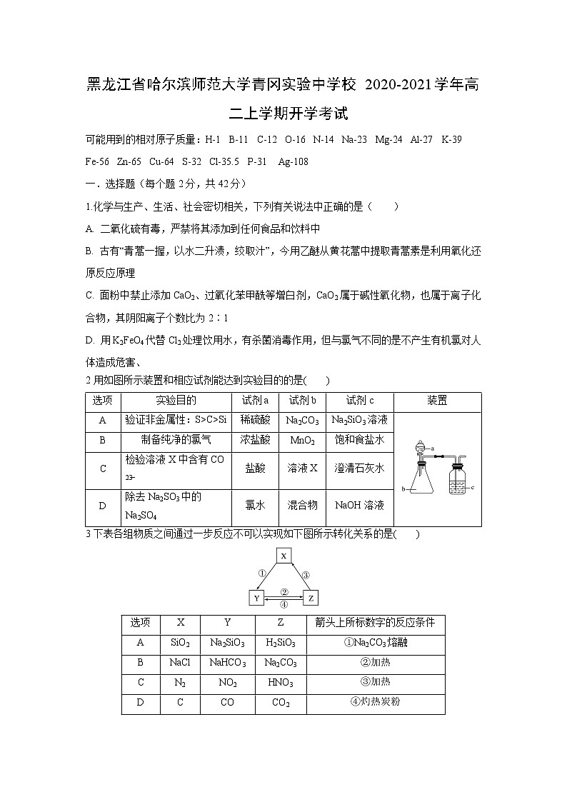 【化学】黑龙江省哈尔滨师范大学青冈实验中学校2020-2021学年高二上学期开学考试01