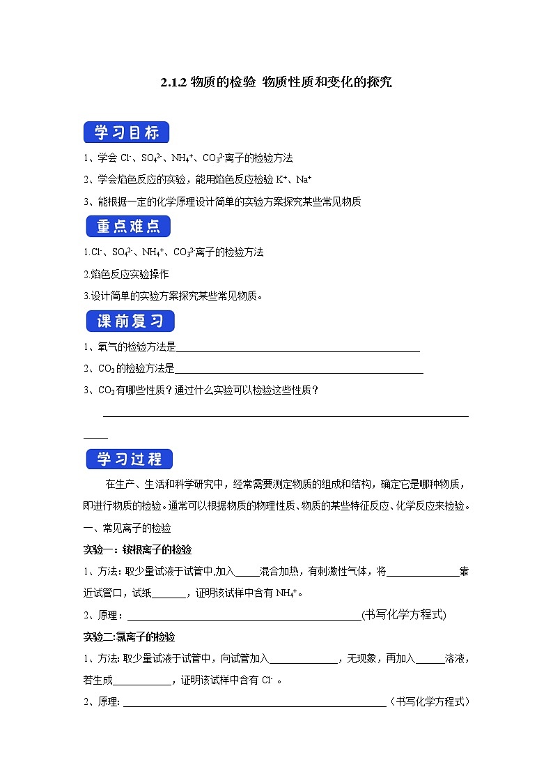 【新教材精创】2.1.2物质的检验物质性质和变化的探究学案（1）-苏教版高中化学必修第一册第1页
