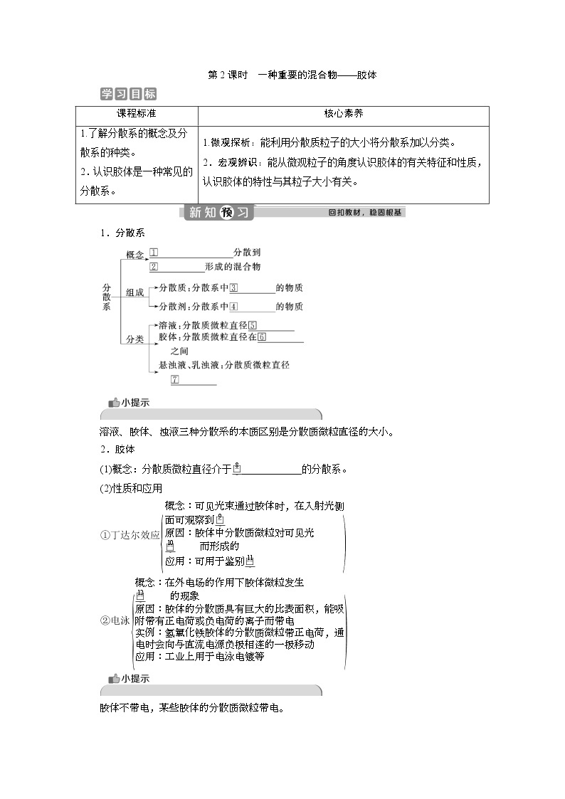 （新教材）2019-2020学年鲁科版化学必修第一册讲义：2.1第2课时　一种重要的混合物——胶体01