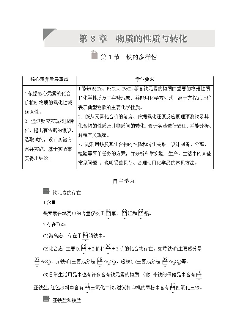 2020新教材化学同步新素养培优鲁科必修第一册讲义：第3章第1节铁的多样性01