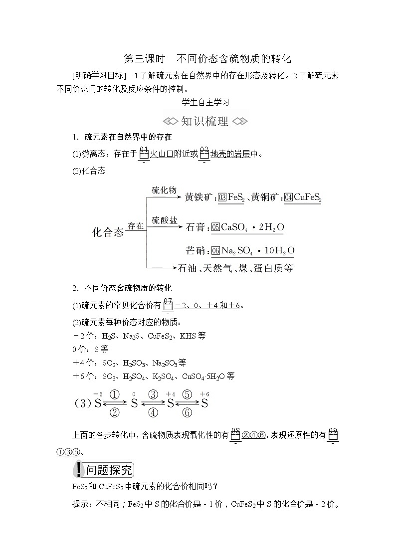 2020化学新教材同步导学提分教程人教第二册讲义：第五章第一节第三课时　不同价态含硫物质的转化第1页