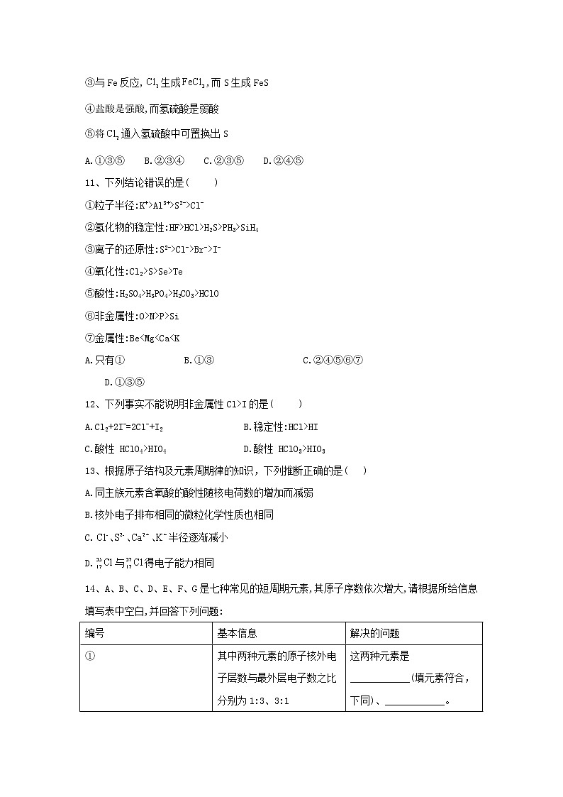 2019-2020学年高一化学人教版（2019）必修第一册同步学典：（28）第四章第二节课时1元素性质的周期性变化规律 试卷03