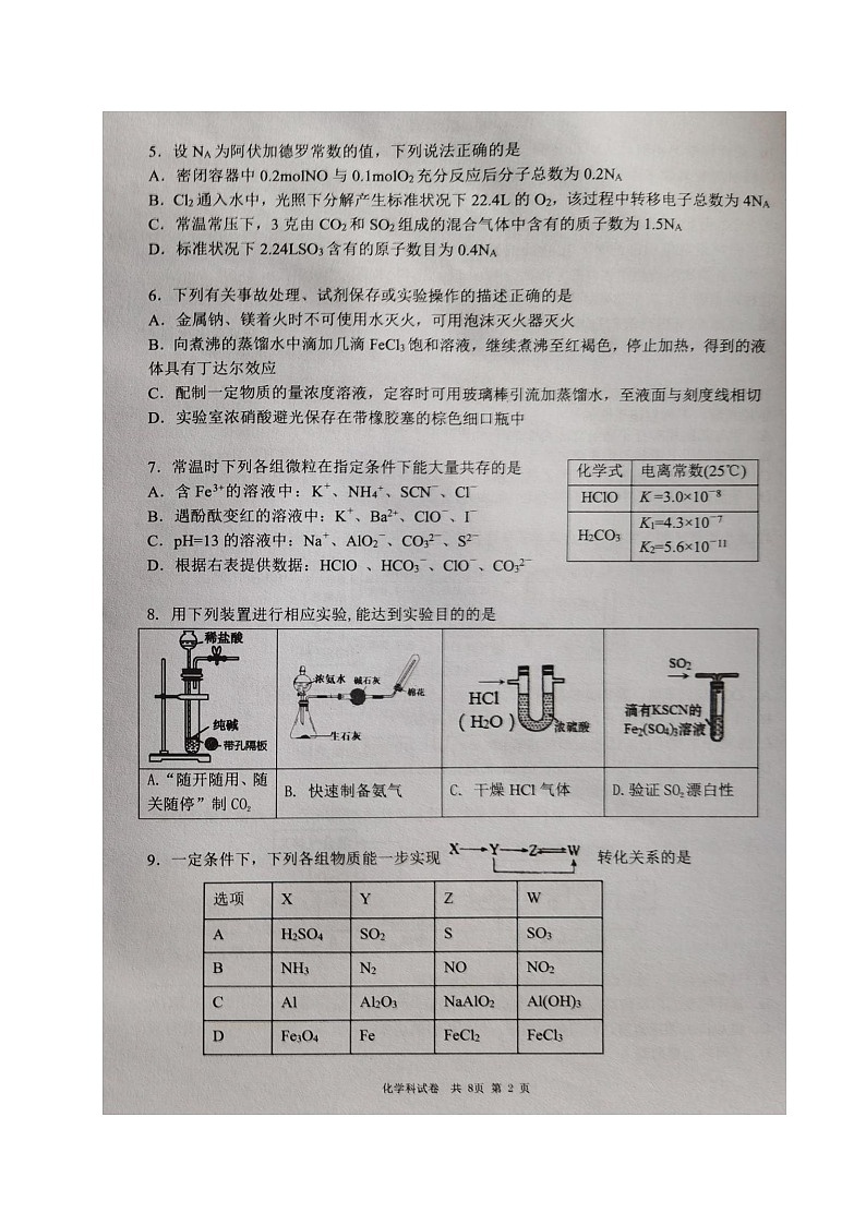 辽宁省大连市第二十四中学2021届高三上学期期中考试化学试题（图片版）02