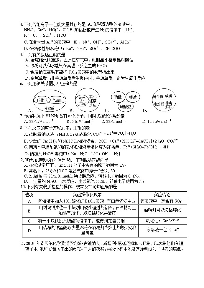 四川省绵阳南山中学2020-2021学年高一上学期期中考试化学试题02