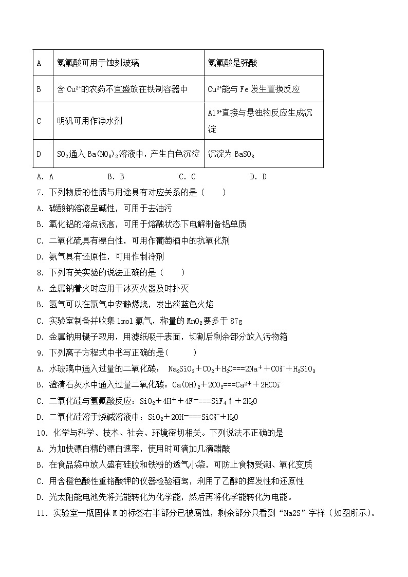 人教版高中化学必修1第四章《非金属及其化合物》单元检测题（含答案）02