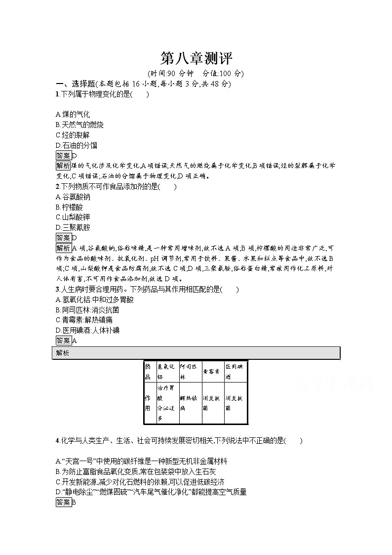 （新高中）2020版化学人教版必修第二册课后练习：第八章　化学与可持续发展测评01