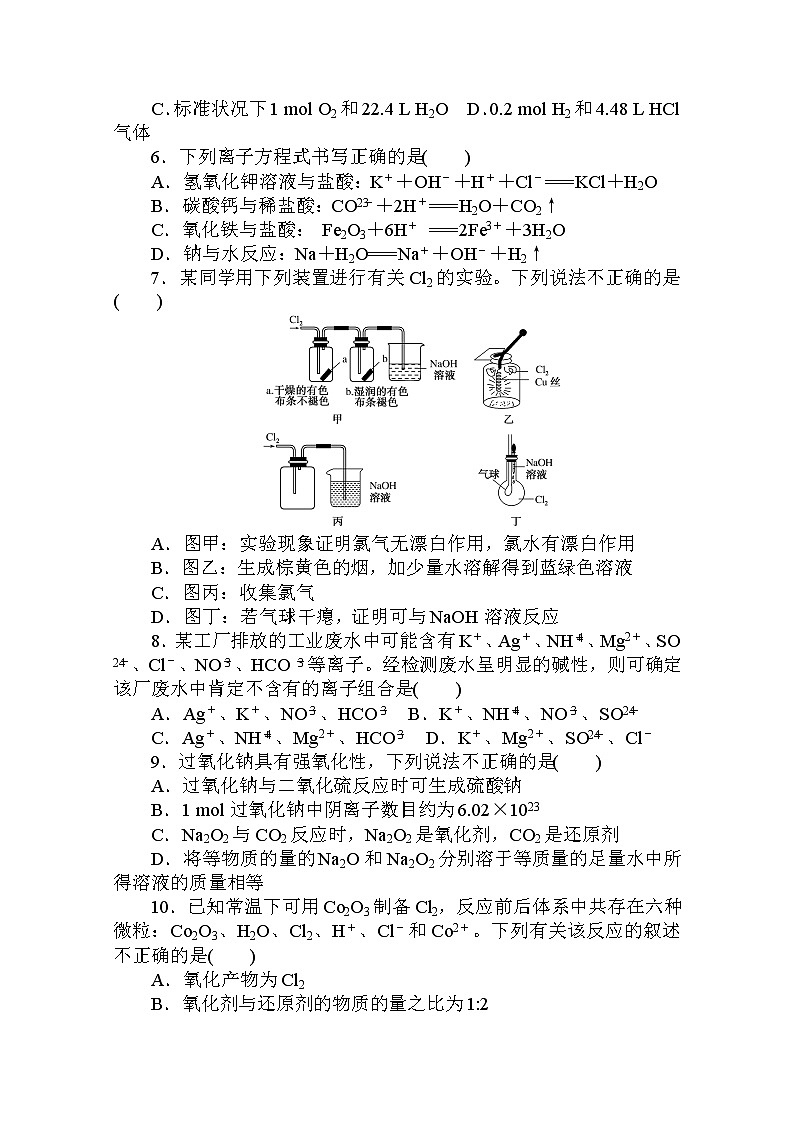 2020秋化学新教材人教版必修第一册层级练：期中质量检测卷02