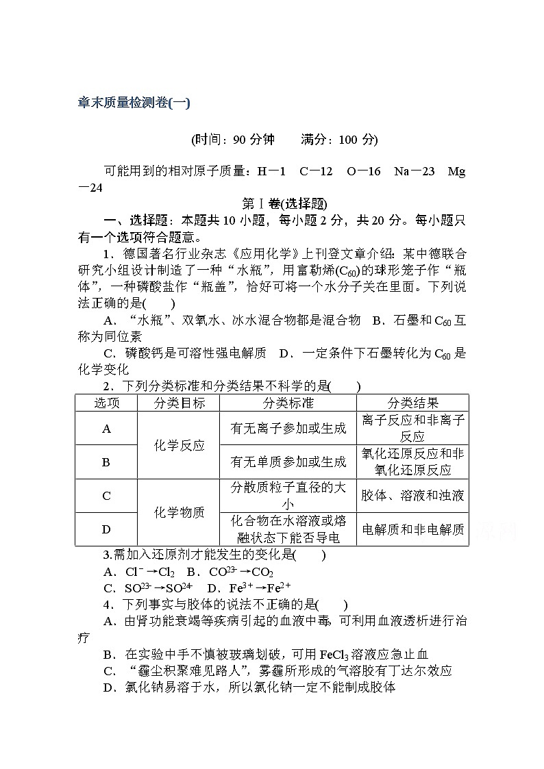2020秋化学新教材人教版必修第一册层级练：章末质量检测卷（一） 第一章　物质及其变化01