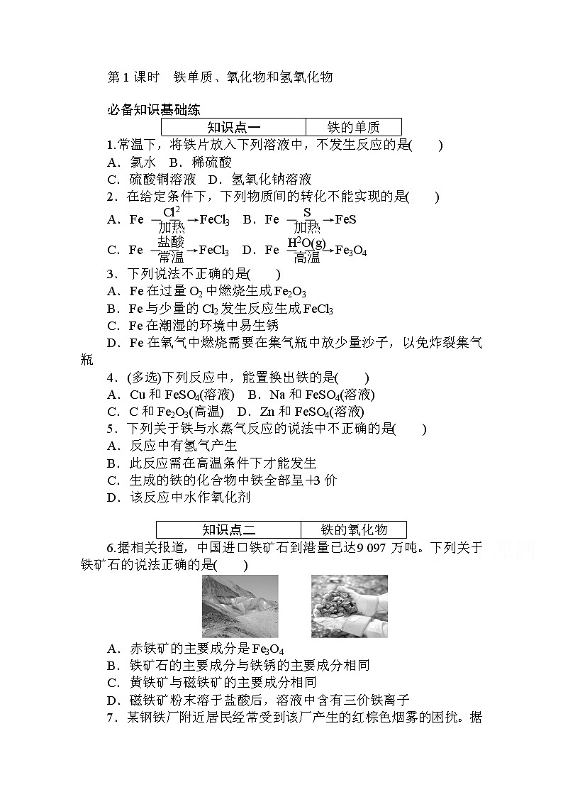 2020秋化学新教材人教版必修第一册层级练：3.1.1 第1课时　铁单质、氧化物和氢氧化物01