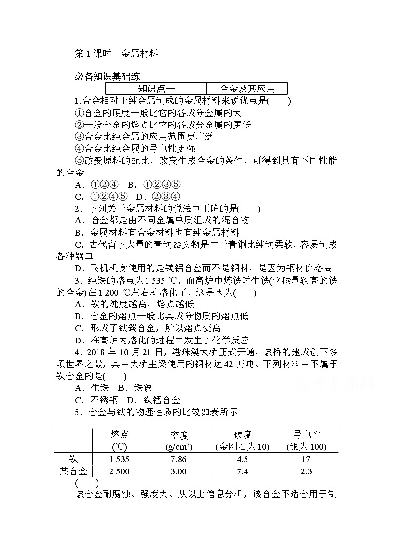 2020秋化学新教材人教版必修第一册层级练：3.2.1 第1课时　金属材料第1页