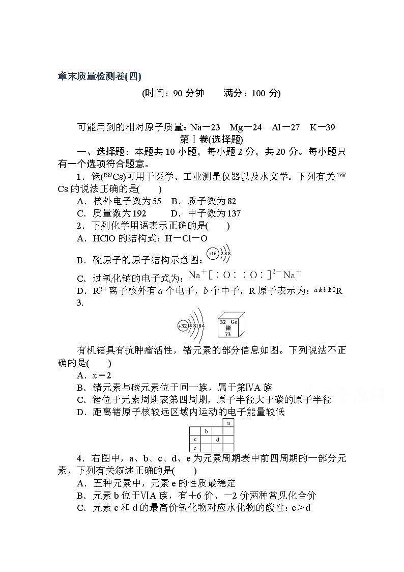 2020秋化学新教材人教版必修第一册层级练：章末质量检测卷（四） 第四章　物质结构　元素周期律01