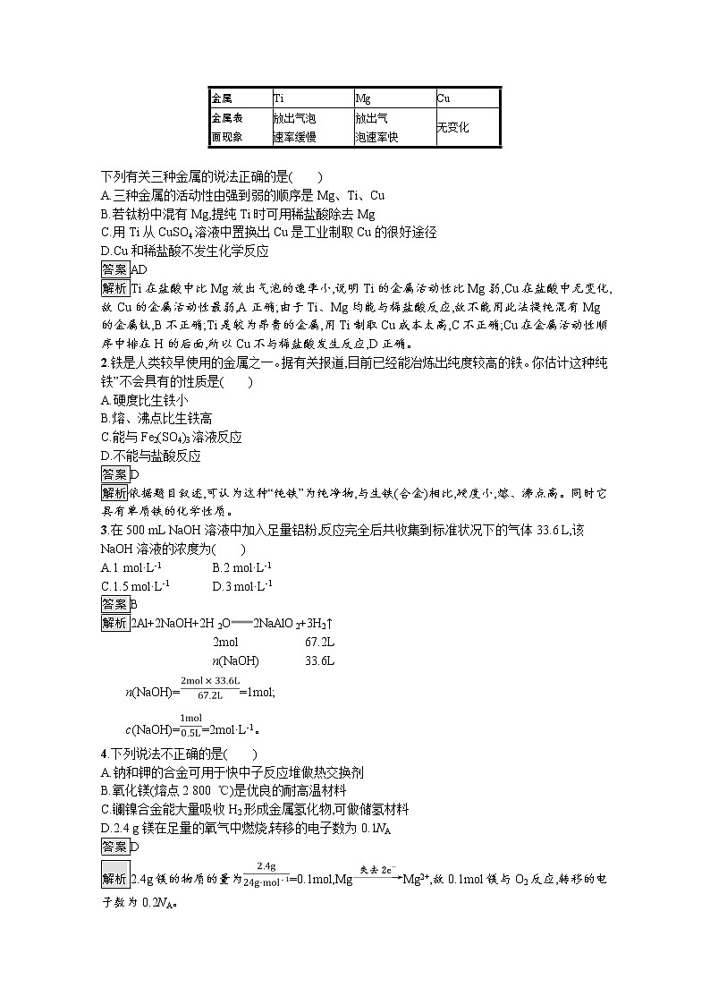 2020-2021学年新教材化学人教版必修第一册巩固提升训练：第三章　第二节　第1课时　合金材料03