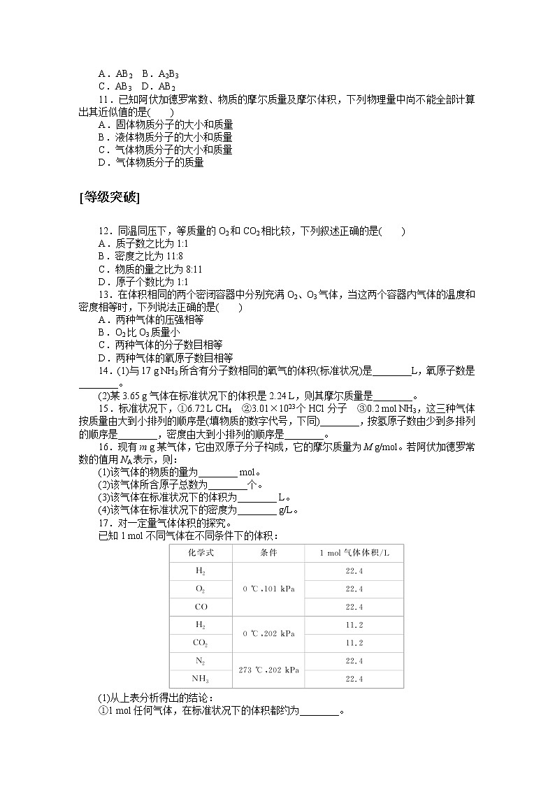 2020-2021学年化学新教材人教版必修1课时作业12气体摩尔体积 练习02