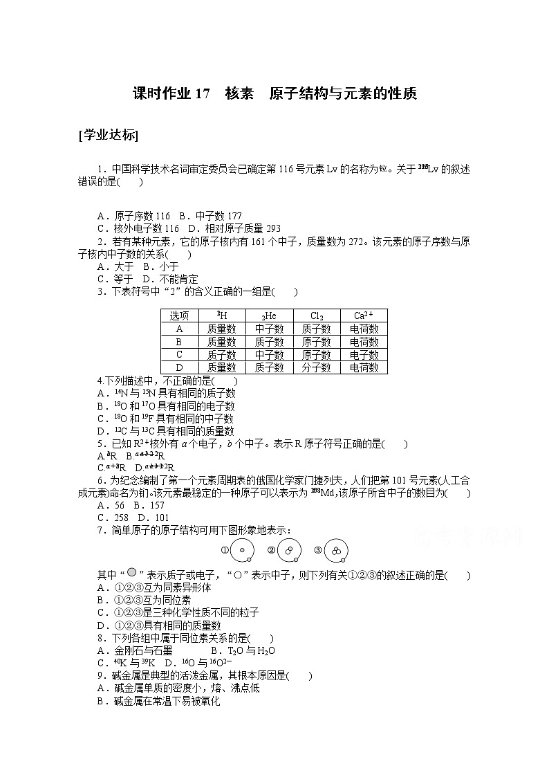 2020-2021学年化学新教材人教版必修1课时作业17核素　原子结构与元素的性质 练习01