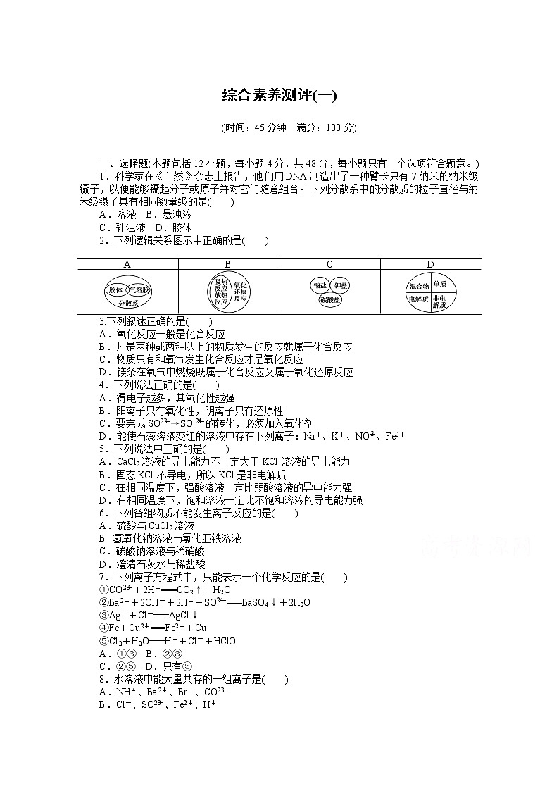 2020-2021学年化学新教材人教版必修1综合素养测评（一）01