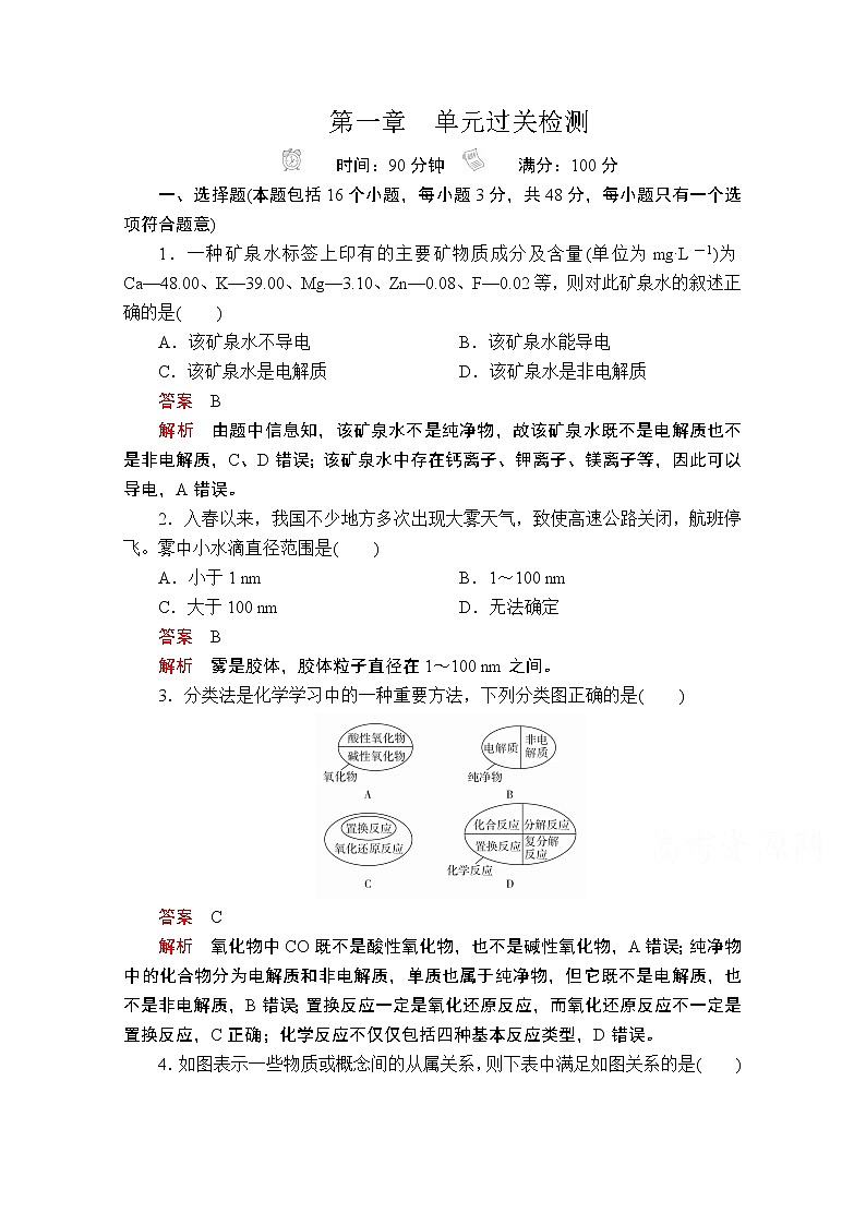 2019版新教材化学人教版必修第一册训练：第一章　单元过关检测01