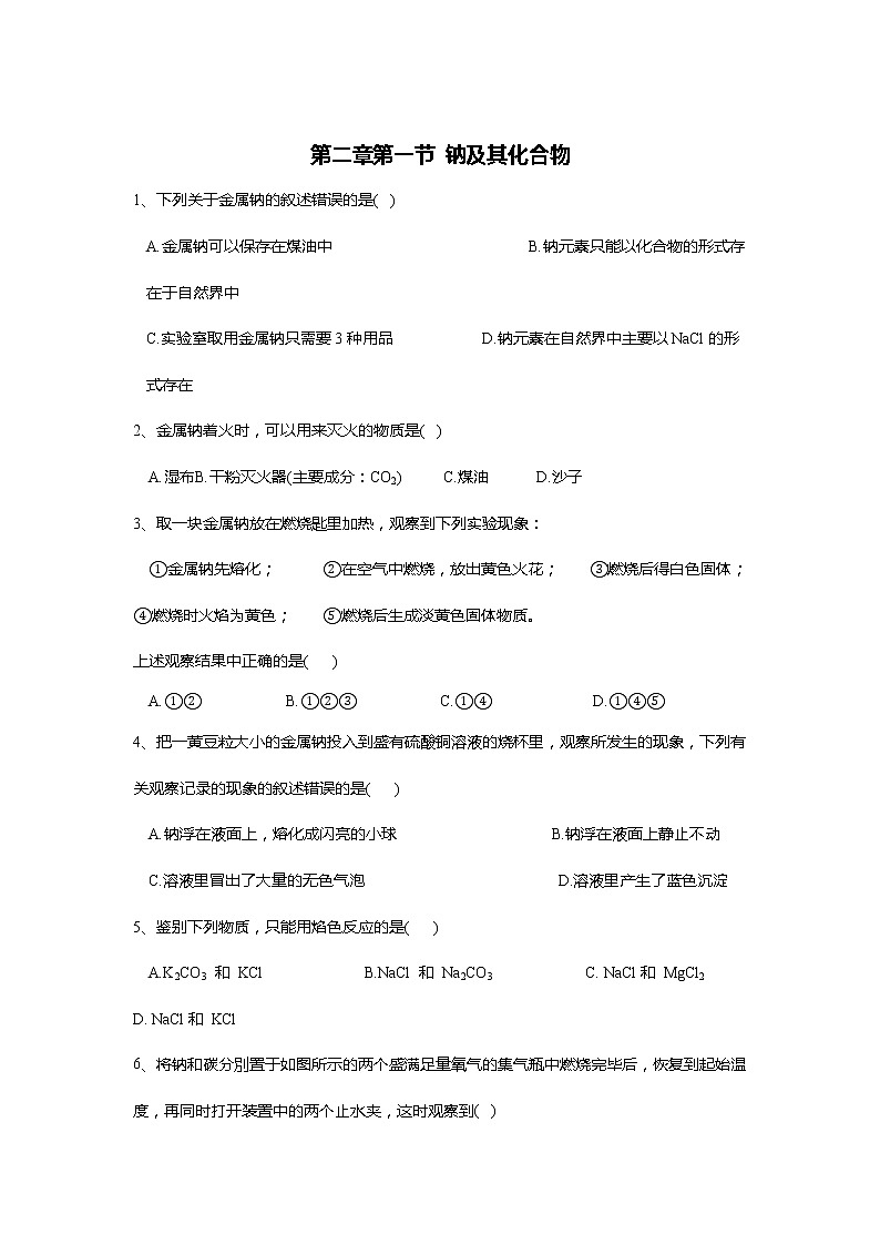 2019-2020学年高中化学人教版（2019）必修第一册课时基础练：第二章第一节钠及其化合物第1页