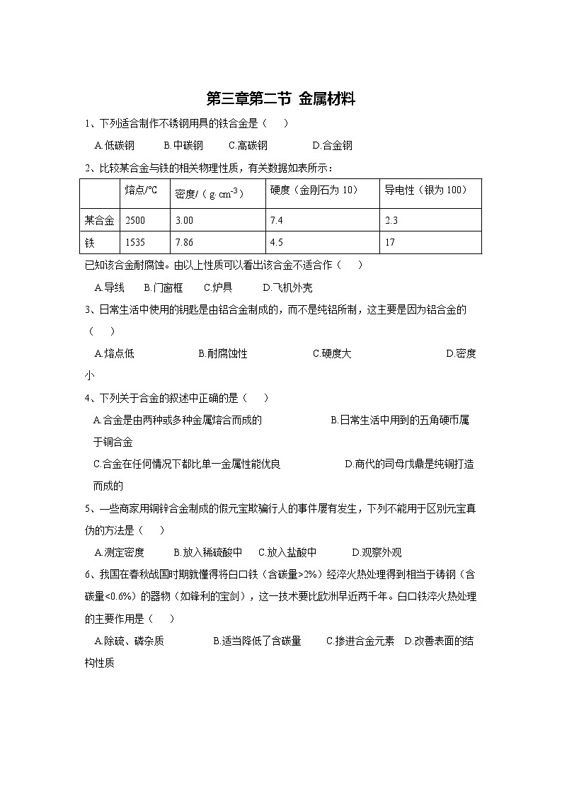 2019-2020学年高中化学人教版（2019）必修第一册课时基础练：第三章第二节金属材料第1页