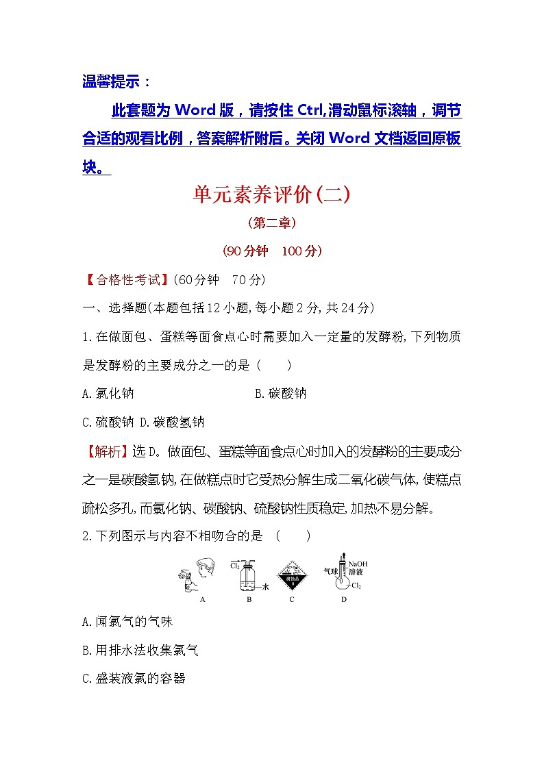 2019-2020新教材人教版化学新素养导学必修一单元素养评价（二） 试卷01