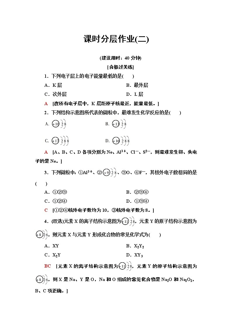 2020-2021学年新鲁科版必修2第1章 第1节 第2课时核外电子排布　原子结构与元素原子得失电子能力作业 练习01