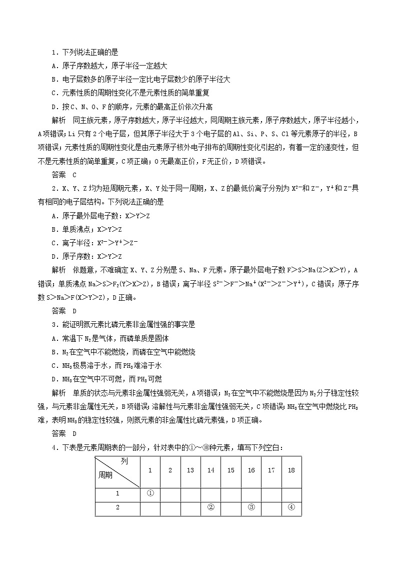 2019-2020学年新鲁科版必修2第1章第2节元素周期律和元素周期表第1课时作业 练习01