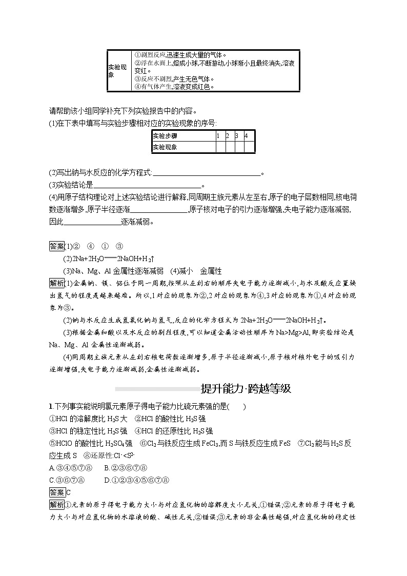2019-2020学年新鲁科版必修2第1章　第3节　第1课时　认识同周期元素性质的递变规律作业第3页