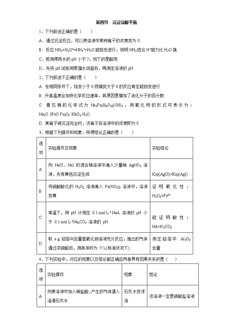 2020-2021学年人教版新教材选择性必修1第3章第四节　沉淀溶解平衡作业 练习01
