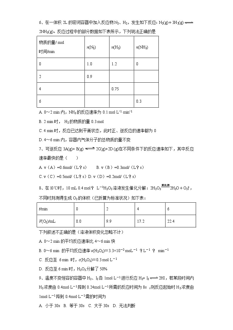 2020-2021学年人教版新教材选择性必修1第2章第一节　化学反应速率作业 练习02
