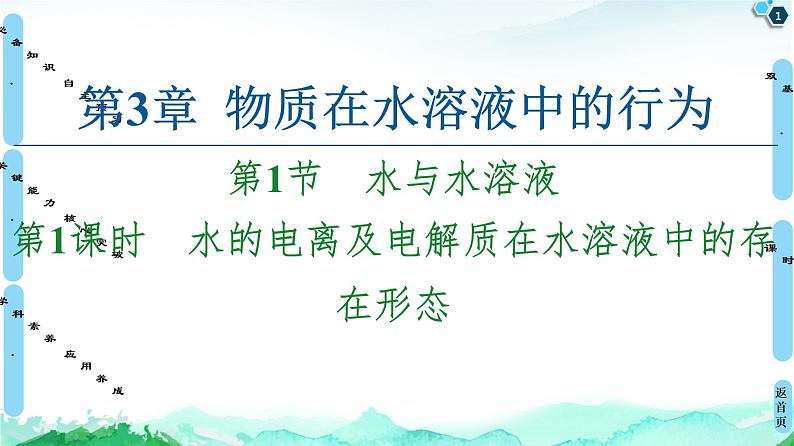 2020-2021学年新鲁科版选择性必修1第3章 第1节 第1课时 水的电离及电解质在水溶液中的存在形态课件（58张）第1页