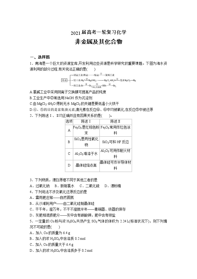 2021届高考化学一轮复习过关训练：非金属及其化合物第1页