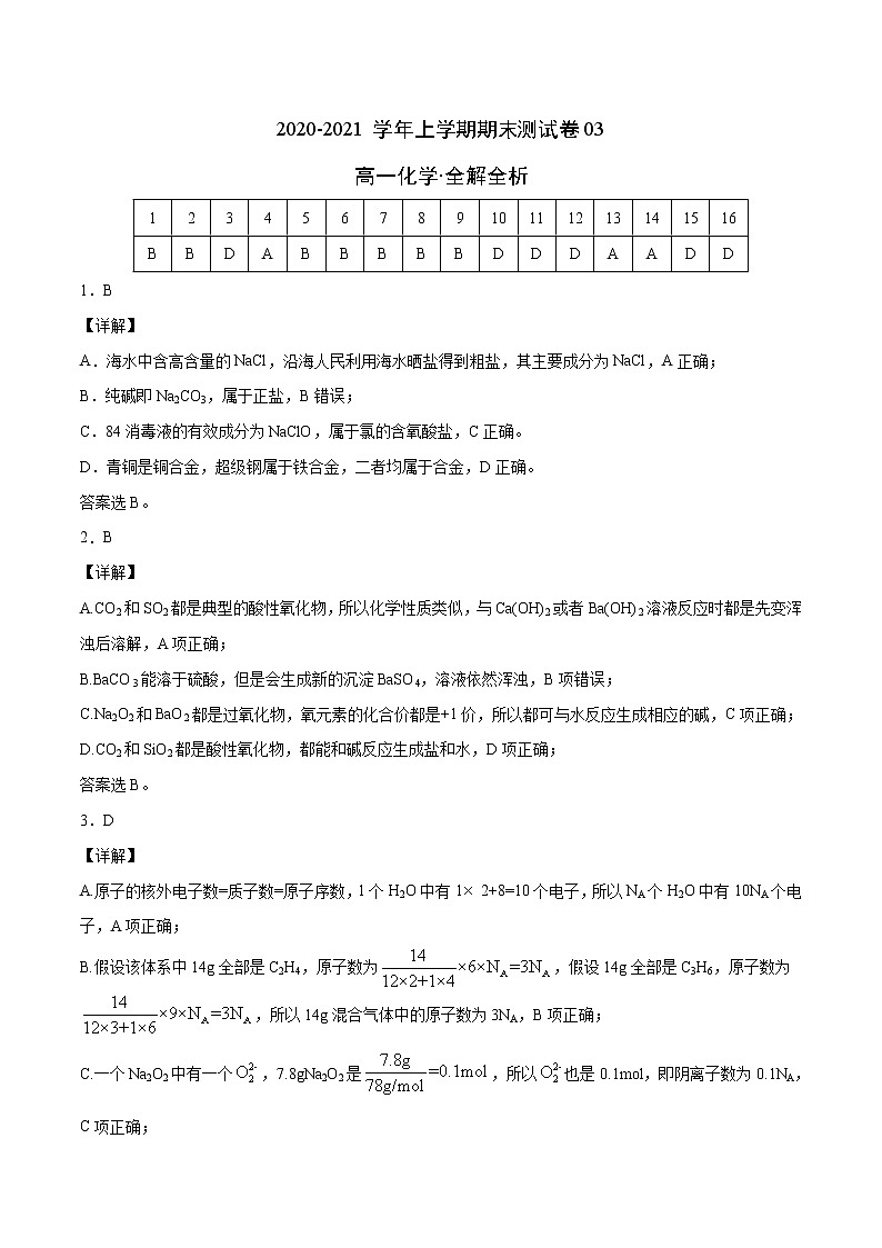 期末金卷：2020-2021学年上学期人教版高一化学期末测试卷03（答案解析）.doc01