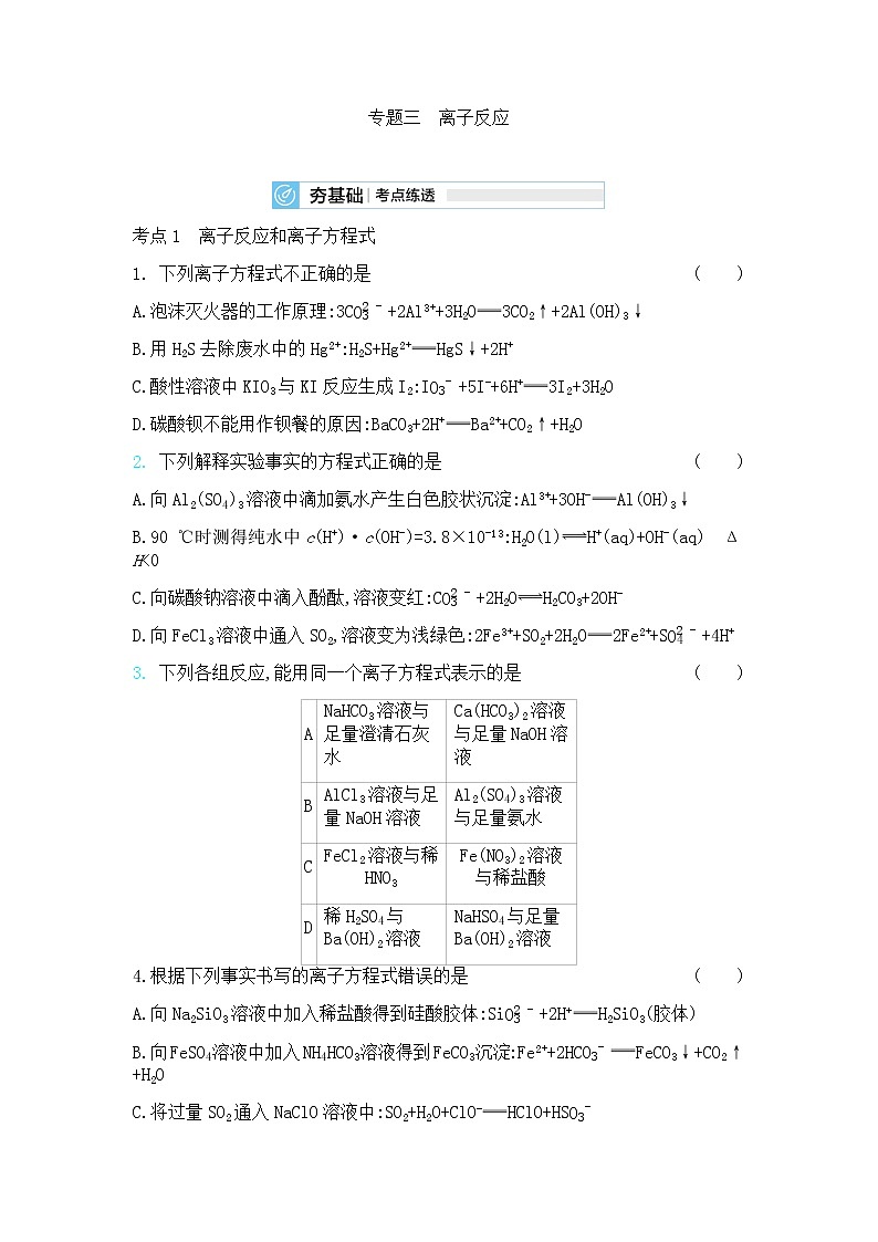 高中化学鲁科版专题复习  专题三　离子反应测试题01