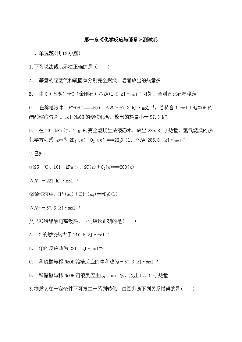高中化学 必修第二册  人教版   第六章《化学反应与能量》测试卷01