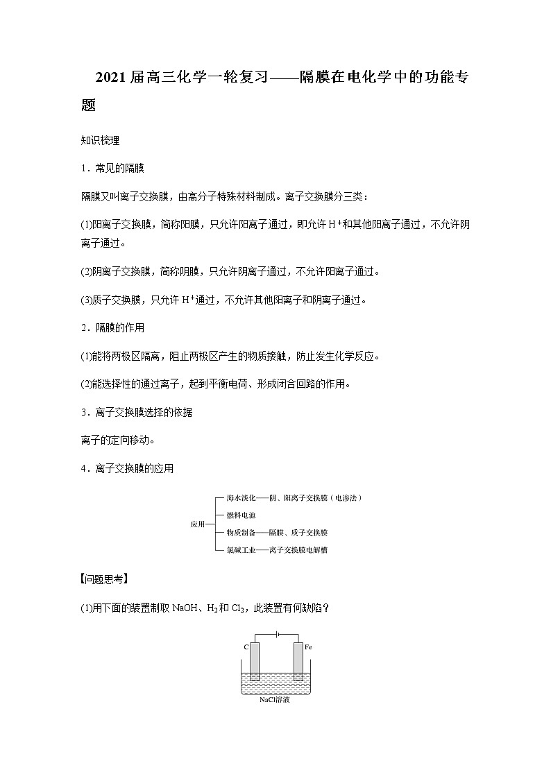 2021届高三化学一轮复习重点专题11——隔膜在电化学中的功能（知识点+训练）学生版01