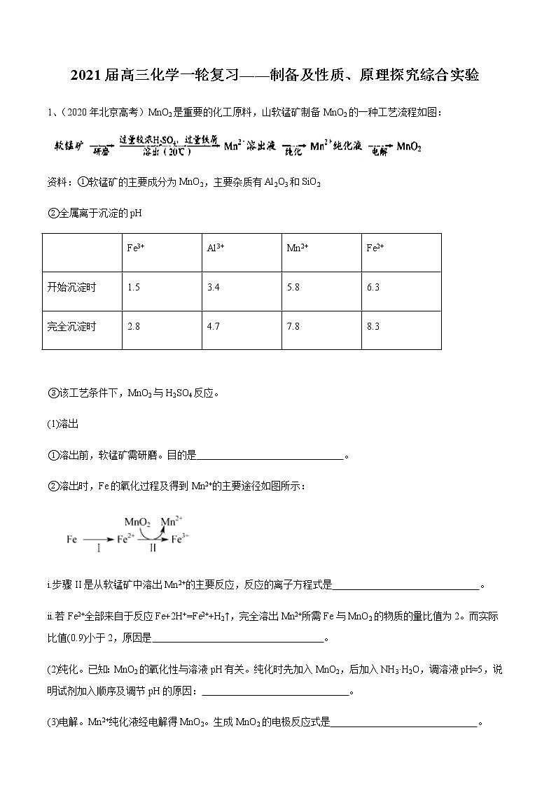 2021届高三化学一轮复习重点专题20——制备及性质、原理探究综合实验（练习）学生版01
