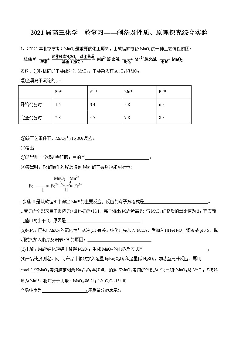 2021届高三化学一轮复习重点专题20——制备及性质、原理探究综合实验（练习）解析版01