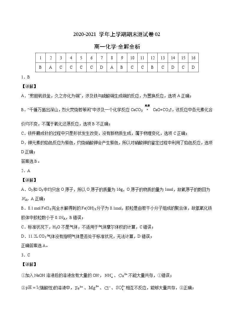 2020-2021学年高一化学上学期期末测试卷02【测试范围】（人教版必修1全册）01