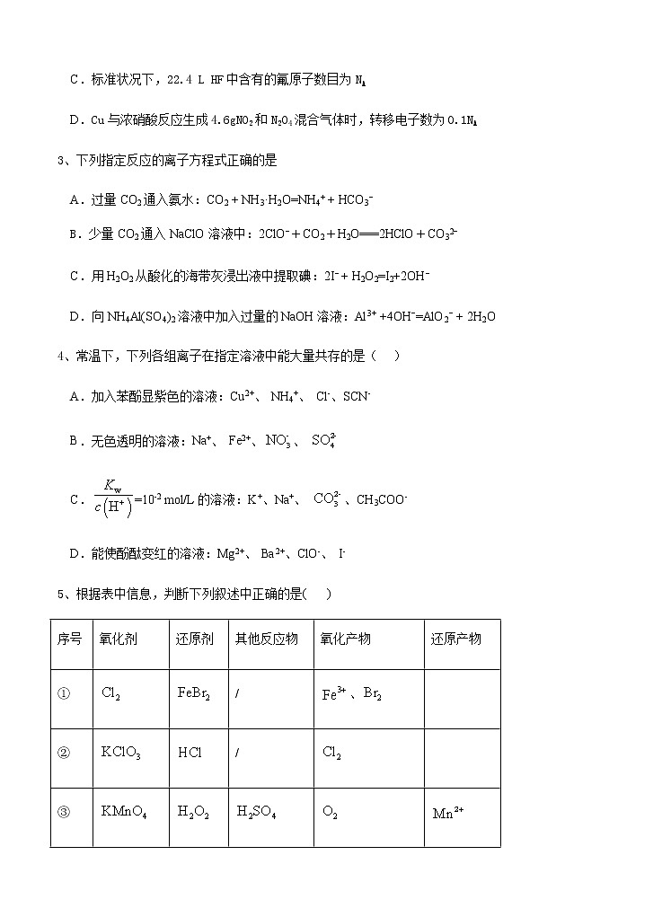 安徽省六安中学2021届高三上学期第三次月考 化学 (含答案) 试卷02