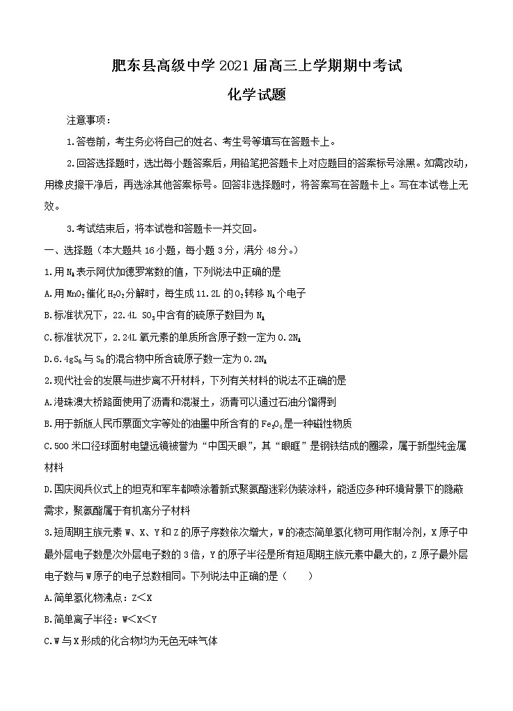 安徽肥东县高级中学2021届高三上学期期中考试 化学 (含答案)01