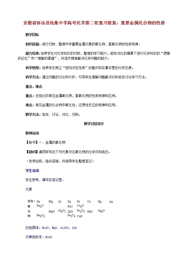 高考化学第二轮复习 重要金属化合物的性质教案01